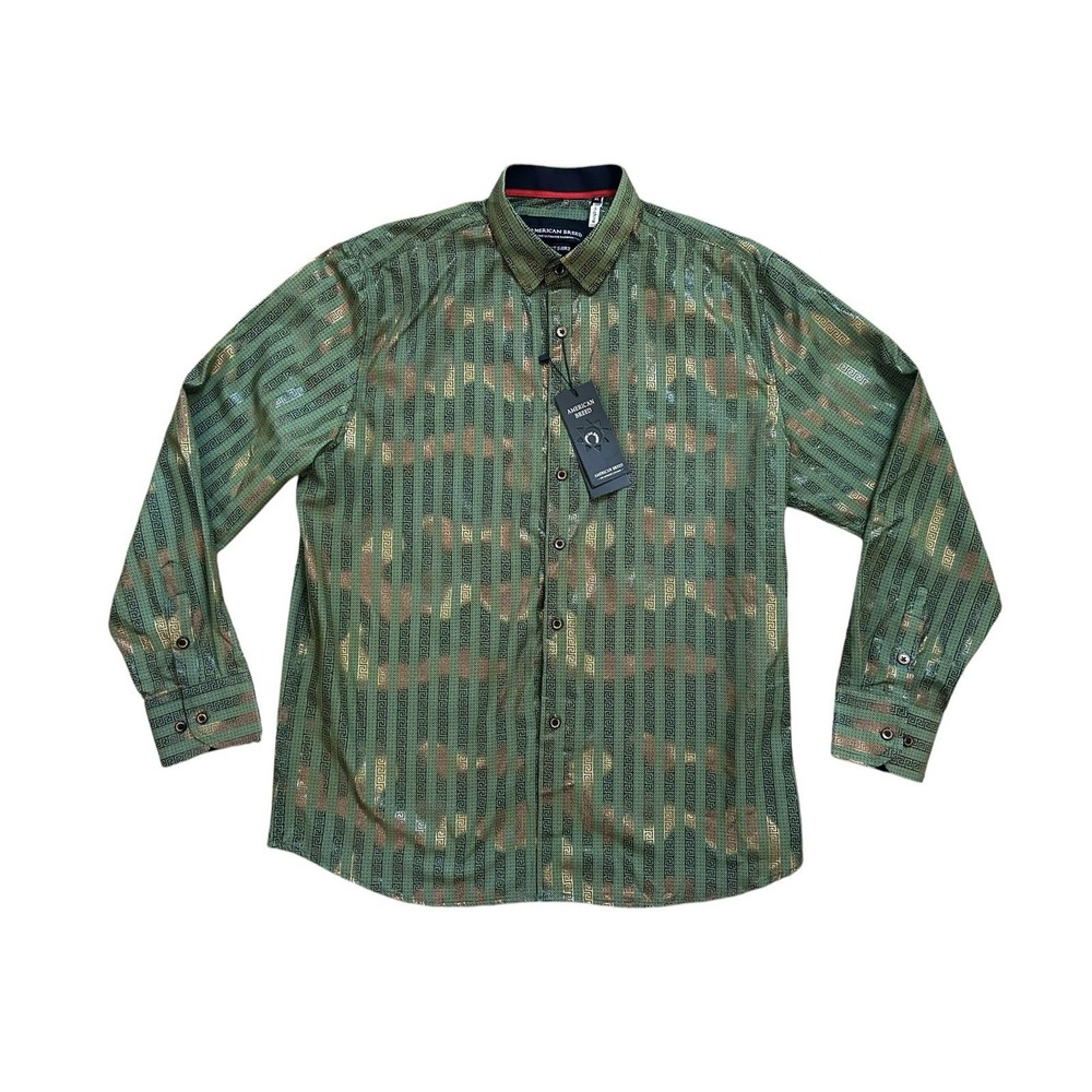 New American Breed Long Sleeve Shirt Button Up XL Green Gold Greek Key Metallic